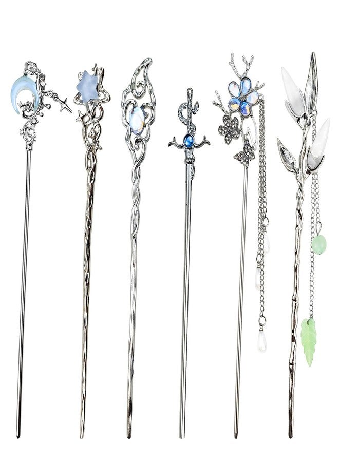 Arvintas 6PCS Star Moon Hair Sticks for Buns Long Hair Chinese Hanfu Asian Vintage Hair Chopsticks Metal Silver Hair Bun Updo Holders Long Hairpins for Women Girls - Image 1